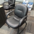 Black Leather Sleigh Guest Side Chair with Arms